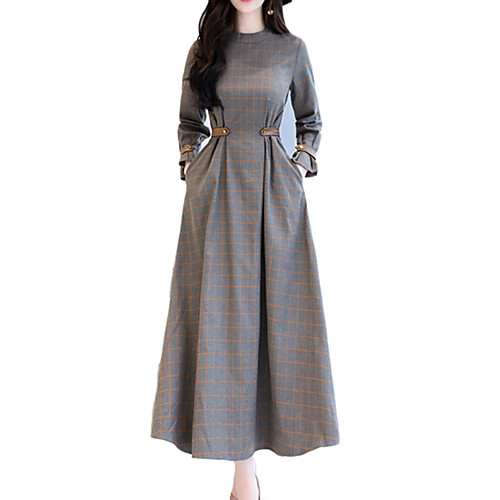 

Women's Swing Dress Maxi long Dress Gray Long Sleeve Plaid Print Summer Round Neck Streetwear S M L XL XXL