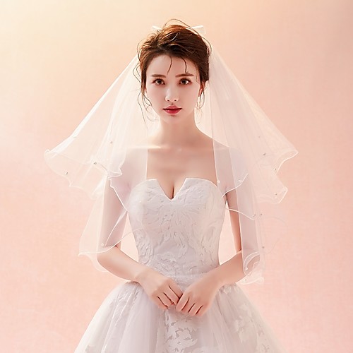 

Four-tier Cut Edge / Veil Wedding Veil Elbow Veils with Satin Bow / Pattern Tulle / Classic