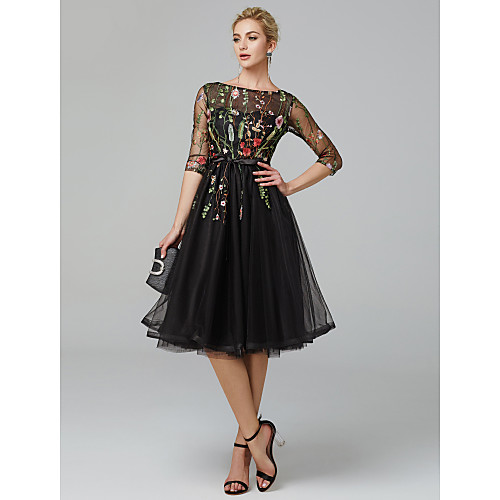 

A-Line Floral Black Cocktail Party Prom Dress Illusion Neck Long Sleeve Knee Length Tulle with Embroidery Appliques 2020