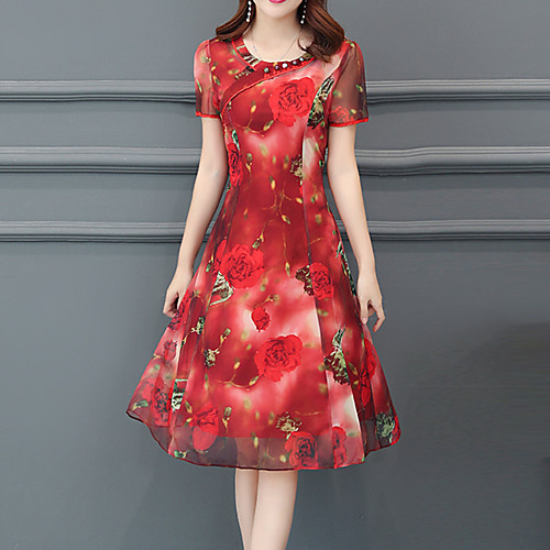 

Women's Sheath Dress Knee Length Dress Red Wine Short Sleeve Red Floral Print Summer Round Neck Sophisticated XL XXL 3XL 4XL 5XL / Plus Size