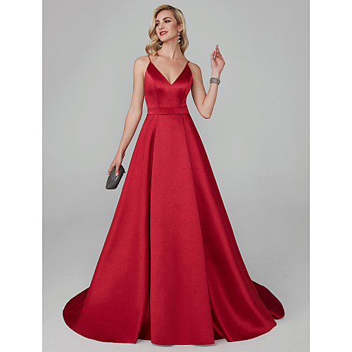 

A-Line Elegant Red Engagement Formal Evening Dress V Neck Sleeveless Court Train Tencel with Pleats 2020