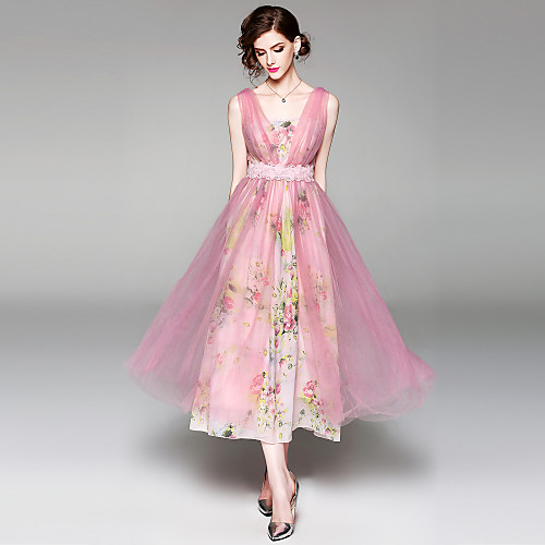 

Women's A Line Dress Midi Dress Blushing Pink Sleeveless Floral Mesh Lace Spring Summer Sophisticated Boho Party Holiday Floral S M L XL / High Waist / Sexy