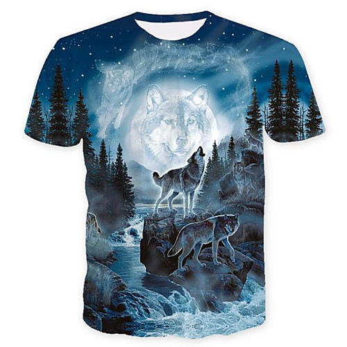 

Men's Plus Size Graphic Animal Wolf Print T-shirt Street chic Daily Club Round Neck Blue / Summer / Short Sleeve