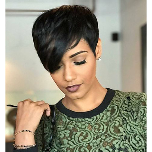 

Human Hair Capless Wigs Human Hair Wavy Pixie Cut / Short Hairstyles 2019 Natural Hairline Natural Black Machine Made Wig Women's