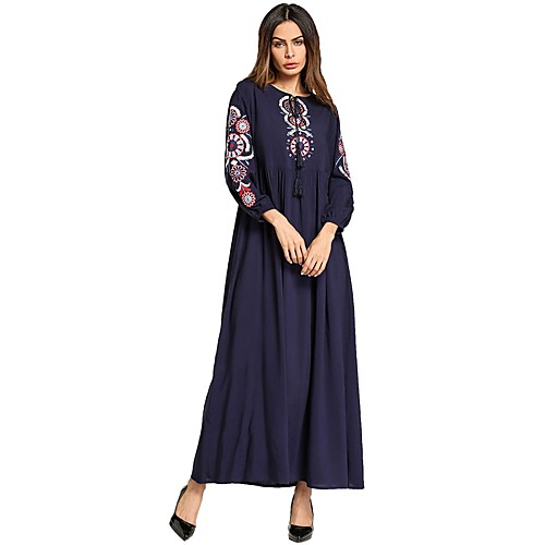 

Women's Sheath Dress Maxi long Dress Navy Blue Long Sleeve Solid Colored Embroidered Spring Summer Round Neck Basic Boho Cotton M L XL XXL