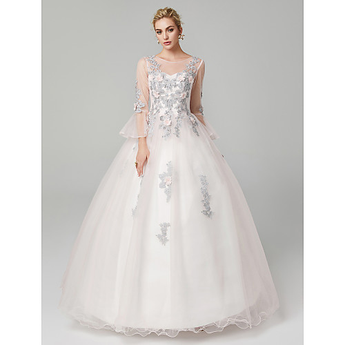 

Ball Gown Elegant Floral Quinceanera Formal Evening Dress Illusion Neck Long Sleeve Floor Length Tulle Floral Lace with Appliques 2021