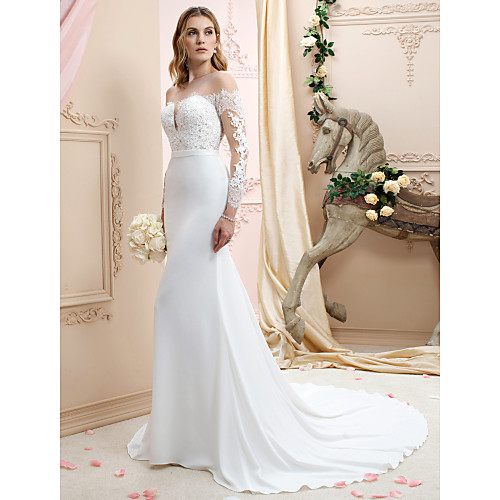 

Mermaid / Trumpet Wedding Dresses Bateau Neck Court Train Chiffon Corded Lace Long Sleeve Romantic Sexy See-Through Backless Illusion Sleeve with Buttons Appliques 2021