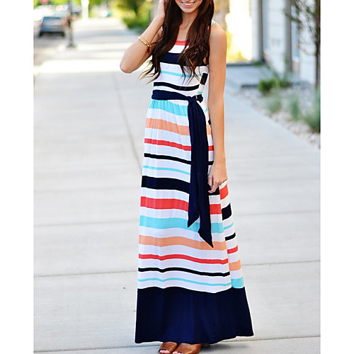 

Women's Sheath Dress Maxi long Dress White Sleeveless Striped Summer Round Neck Streetwear S M L XL