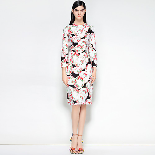 

Women's A Line Dress Midi Dress White Long Sleeve Floral Abstract Spring Summer Round Neck Vintage Streetwear Party Going out Slim S M L XL