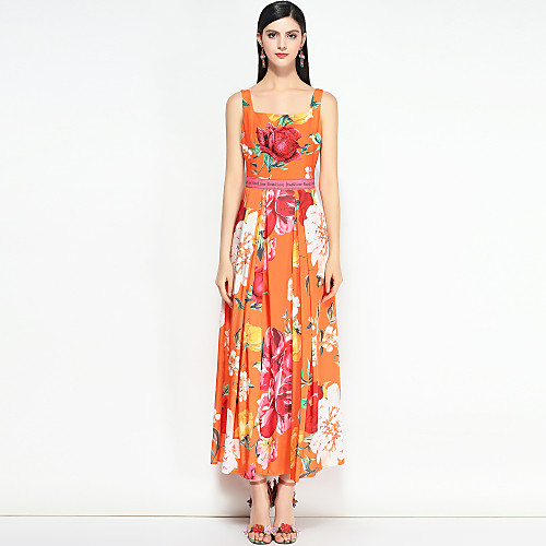 

Women's Strap Dress Maxi long Dress Orange Sleeveless Floral Spring Summer Streetwear Boho Holiday Cotton Slim S M L XL