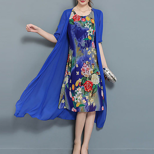 

Women's Chiffon Dress Midi Dress Black Blue Short Sleeve Blue Floral Print Summer Round Neck M L XL XXL 3XL 4XL / Plus Size