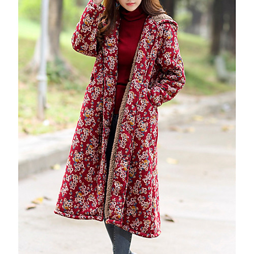 

Women's Coat Floral Basic Fall Coat Long Daily Long Sleeve Cotton Coat Tops Red