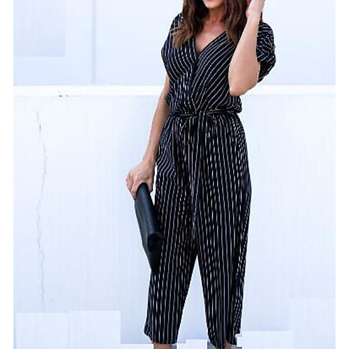 

Women's Plus Size Basic Daily V Neck Fine Stripe Black Romper Striped Tassel Fringe Puff Sleeve High Waist