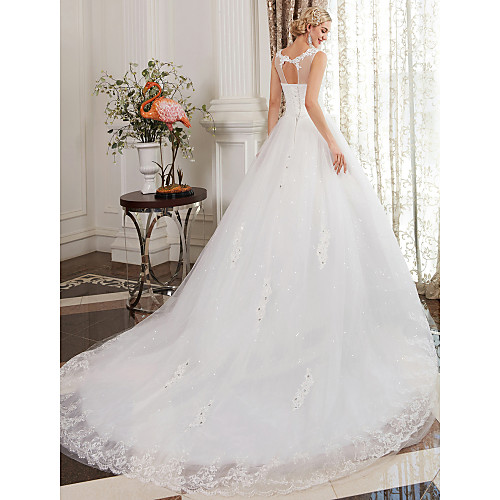 

Ball Gown Wedding Dresses Scoop Neck Court Train Satin Lace Over Tulle Regular Straps Country Glamorous Sparkle & Shine Illusion Detail with Lace Beading 2021