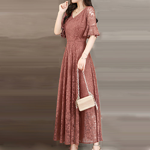 

Women's Swing Dress Maxi long Dress White Black Yellow Blushing Pink Camel Brown Half Sleeve Dusty Rose Solid Colored Lace Summer V Neck Boho Flare Cuff Sleeve Lace S M L XL XXL 3XL / Plus Size