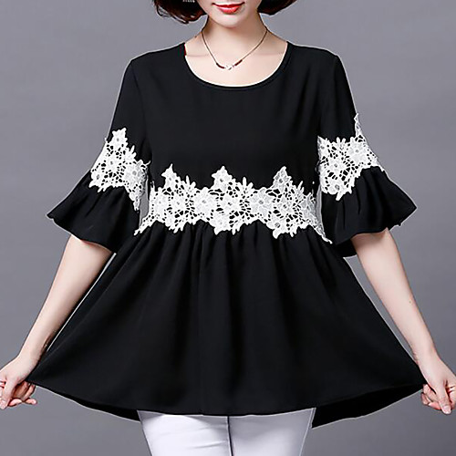 

Women's Blouse Solid Colored Plus Size Lace Half Sleeve Daily Tops Basic Black