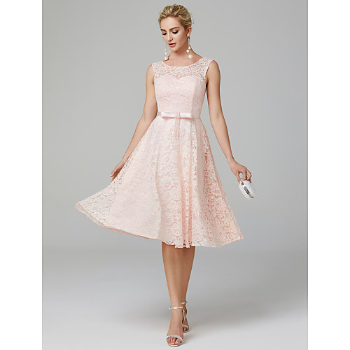 

A-Line Elegant Wedding Guest Prom Dress Illusion Neck Sleeveless Knee Length Lace with Bow(s) 2021