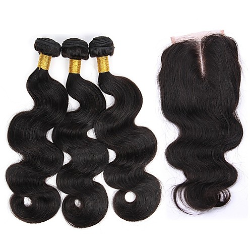 

4 Bundles Hair Weaves Brazilian Hair Body Wave Human Hair Extensions Human Hair Unprocessed Human Hair Gifts Hair Weft with Closure Natural Color with Baby Hair Lace