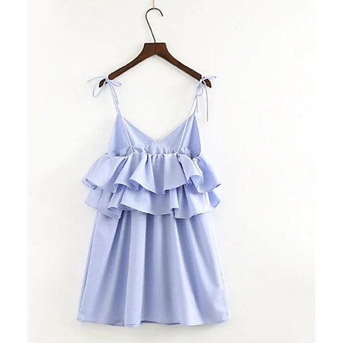 

Women's Strap Dress Short Mini Dress Light Blue Sleeveless Solid Colored Summer Cotton S M L