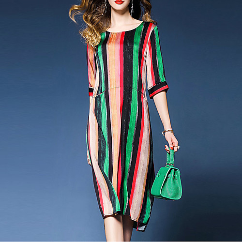 

Women's Loose Knee Length Dress Rainbow Half Sleeve Striped Print Summer Round Neck Streetwear Sophisticated S M L XL XXL