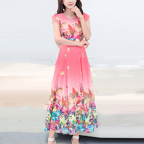 

Women's Chiffon Dress Maxi long Dress White Blue Yellow Blushing Pink Orange Green Short Sleeve Floral Print Summer V Neck Boho M L XL XXL 3XL / Plus Size