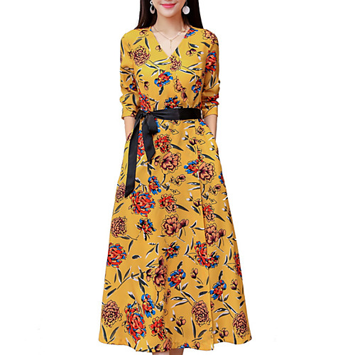 

Women's Swing Dress Maxi long Dress Yellow Long Sleeve Solid Colored Spring Deep V M L XL XXL 3XL / Plus Size