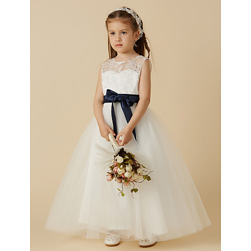 

A-Line Ankle Length Wedding / First Communion Flower Girl Dresses - Lace / Tulle Sleeveless Jewel Neck with Sash / Ribbon / Bow(s) / Buttons