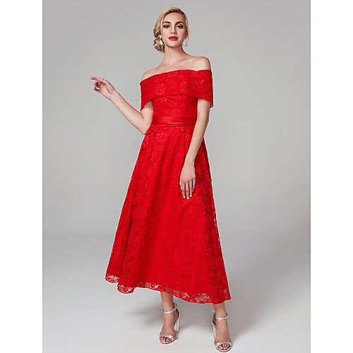 

A-Line Elegant Prom Formal Evening Dress Off Shoulder Short Sleeve Tea Length All Over Lace with Bow(s) 2021