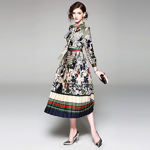 

Women's Sheath Dress Midi Dress Rainbow Long Sleeve Floral Print Spring Summer Turtleneck Streetwear Holiday Belt Not Included Slim Floral S M L XL XXL