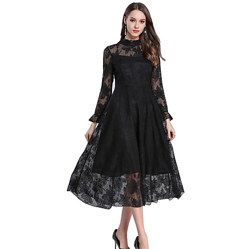 

Women's Swing Dress Midi Dress Black Khaki Long Sleeve Solid Colored Lace Spring Summer Crew Neck Basic Streetwear Work S M L XL XXL