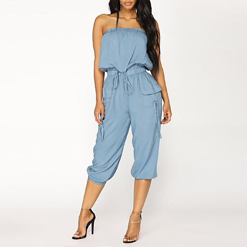 

Women's Streetwear Daily Going out Strapless Boat Neck Light Blue Jumpsuit Solid Colored Backless Ruffle High Waist / Wide Leg / Sexy