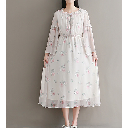 

Women's Sheath Dress Midi Dress Beige Long Sleeve Floral Summer Round Neck M L XL XXL