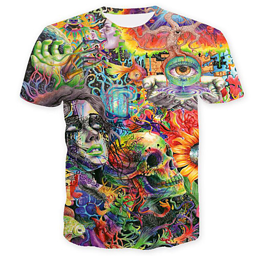 

Men's Plus Size Rainbow Graphic Print T-shirt Skull Basic Daily Weekend Round Neck Green / Summer / Short Sleeve