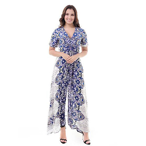 

Women's Jalabiya Maxi long Dress Blue Short Sleeve Floral Summer V Neck Basic Boho Holiday Cotton 3XL 4XL 5XL 6XL