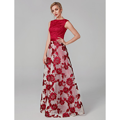 

A-Line Elegant Prom Formal Evening Dress Boat Neck Sleeveless Floor Length Lace with Lace Insert Embroidery Appliques 2021