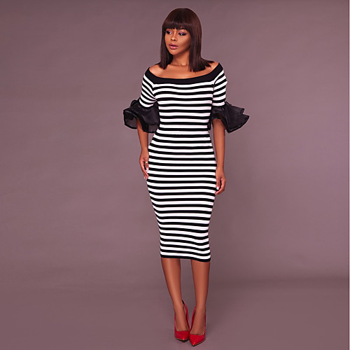 

Women's Bodycon Midi Dress White Short Sleeve Striped Ruffle Spring Summer Boat Neck Streetwear Cotton Off Shoulder S M L XL