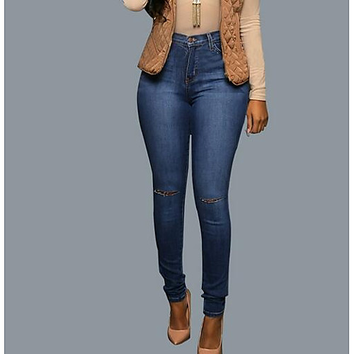 

Women's Basic Slim Daily Jeans Pants Solid Colored Hole Blue