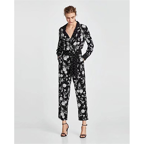 

Women's Daily Holiday V Neck Black Jumpsuit Floral Cotton / Wide Leg