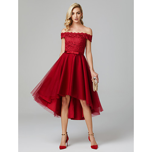 

A-Line Elegant High Low Homecoming Cocktail Party Valentine's Day Dress Off Shoulder Sleeveless Asymmetrical Lace Over Tulle with Bow(s) 2021