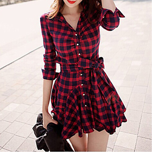 

Women's Sheath Dress Short Mini Dress Red Long Sleeve Check Bow Fall Spring Shirt Collar Casual Lantern Sleeve Cotton S M L XL