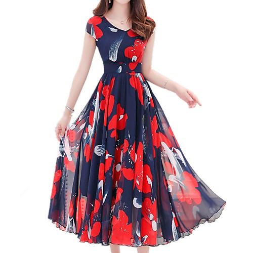 

Women's Sheath Dress Midi Dress Red Short Sleeve Floral Print Summer V Neck Sophisticated Boho Floral S M L XL XXL 3XL / Plus Size