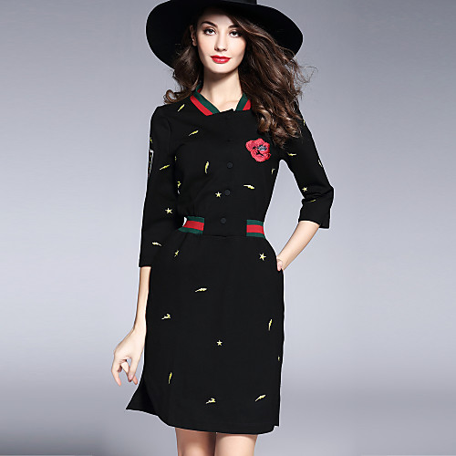 

Women's Sheath Dress Short Mini Dress Black 3/4 Length Sleeve Floral Embroidered Spring V Neck Basic Streetwear Work Slim S M L XL
