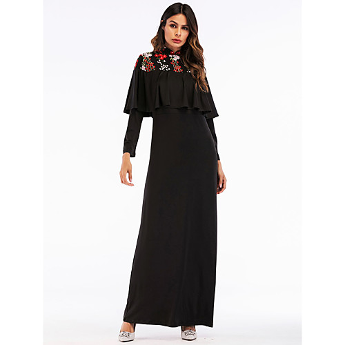 

Women's Sheath Dress Maxi long Dress Black Long Sleeve Solid Colored Embroidered Spring Summer Stand Collar Basic Boho M L XL XXL