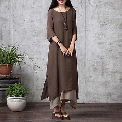 

Women's Loose Maxi long Dress Army Green Dark Gray Orange Half Sleeve Solid Colored Summer Round Neck Chinoiserie M L XL XXL
