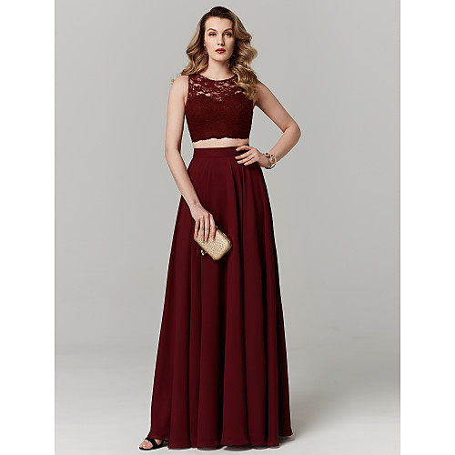 

Two Piece Empire Prom Formal Evening Dress Illusion Neck Sleeveless Floor Length Chiffon Lace with Pleats Lace Insert 2021