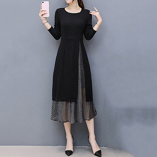 

Women's Sheath Dress Midi Dress Black Long Sleeve Black Patchwork Patchwork Fall Winter Round Neck Going out Belt Not Included M L XL XXL 3XL / Plus Size / Plus Size