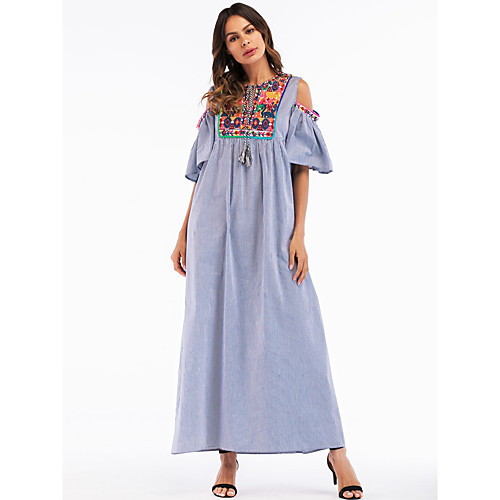 

Women's Shift Dress Maxi long Dress Blue Short Sleeve Striped Embroidered Spring Summer Round Neck Basic Boho Cotton Embroidery M L XL XXL