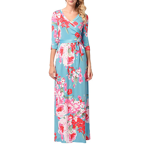 

Women's Shift Dress Maxi long Dress Royal Blue Light Blue Half Sleeve Floral Print Summer V Neck S M L XL XXL