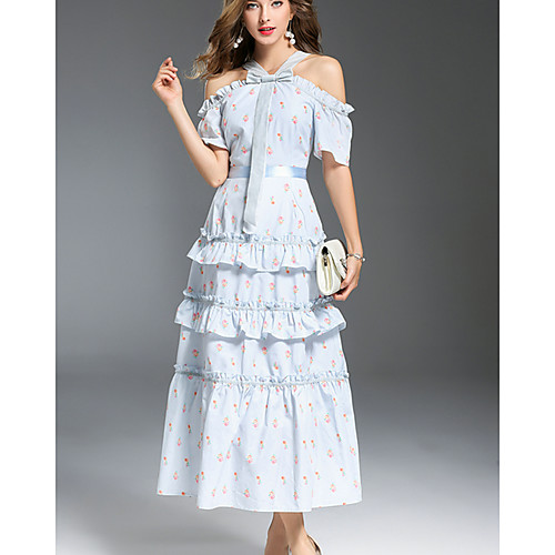 

Women's Swing Dress Midi Dress Light Blue Short Sleeve Floral Ruched Ruffle Summer Off Shoulder Sophisticated Party Flare Cuff Sleeve Cotton Loose Off Shoulder S M L XL
