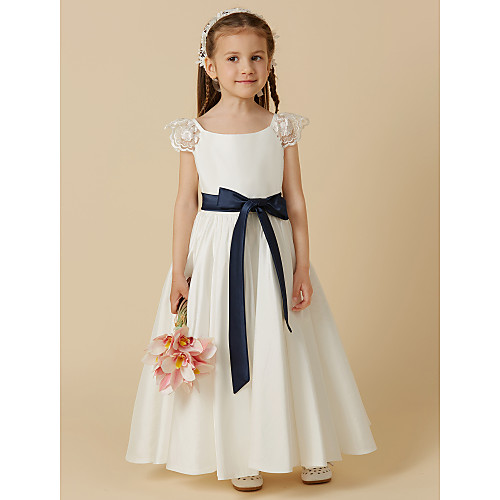 

A-Line Ankle Length Wedding / First Communion Flower Girl Dresses - Taffeta Short Sleeve Scoop Neck with Sash / Ribbon / Bow(s)